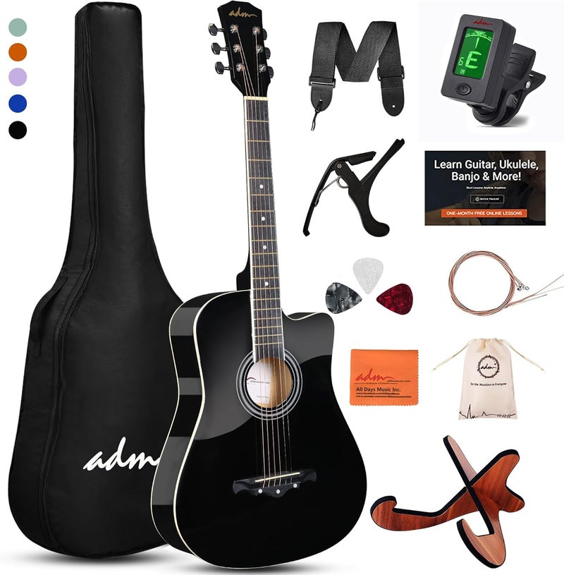 ADM 38" Inch Acoustic Guitar Bundle for Beginners Adults with Online Lesson, Cutaway Wood Acustica Guitarra Starter Set Package with Gig Bag, Strap, Steel Strings, Picks, Capos, Stand, Black 1 - Image 1